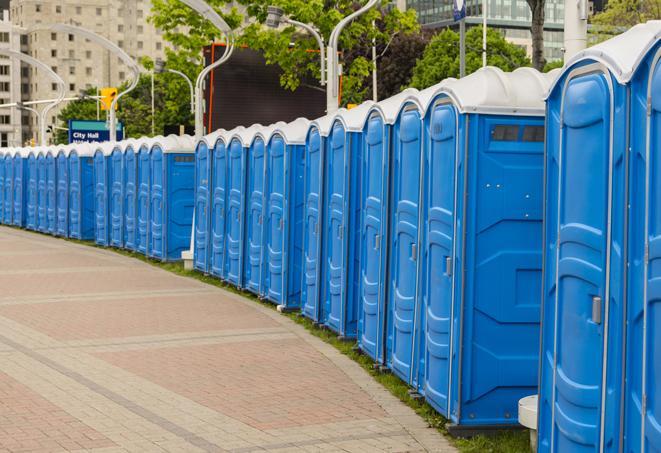 a line of portable restrooms at an outdoor wedding, catering to guests with style and comfort in Alpine